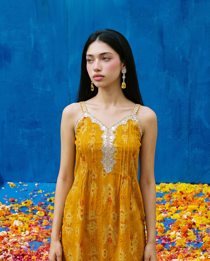 Mustard Printed Viscose Blended Spaghetti Strap A-Line Cut Long Kurta