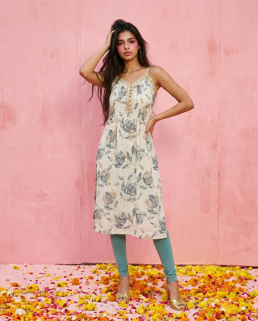 Blue Embroidered Viscose Blended Spaghetti Strap A-Line Cut Long Kurta