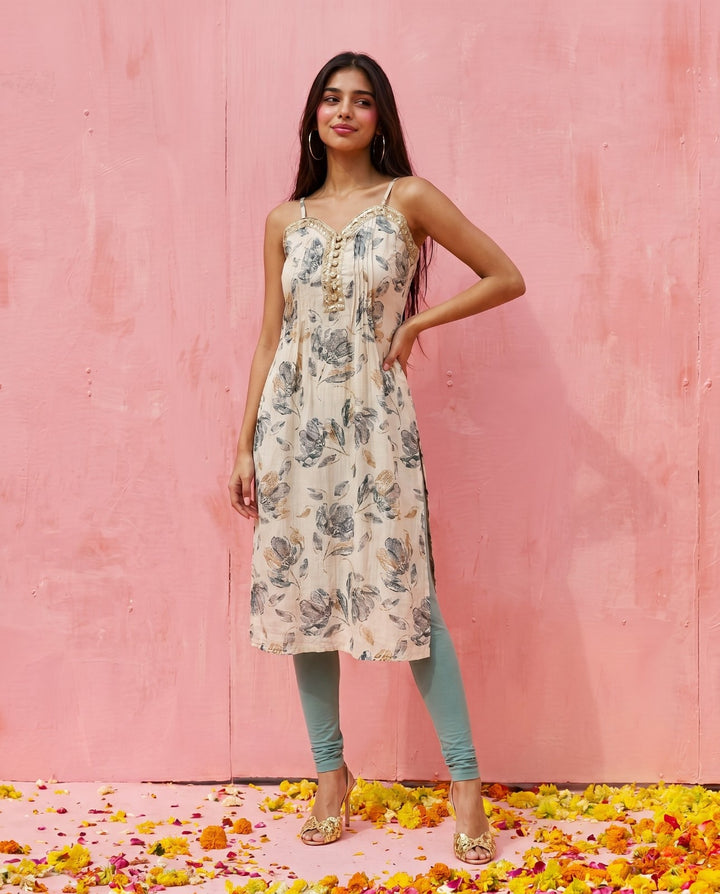 Blue Embroidered Viscose Blended Spaghetti Strap A-Line Cut Long Kurta
