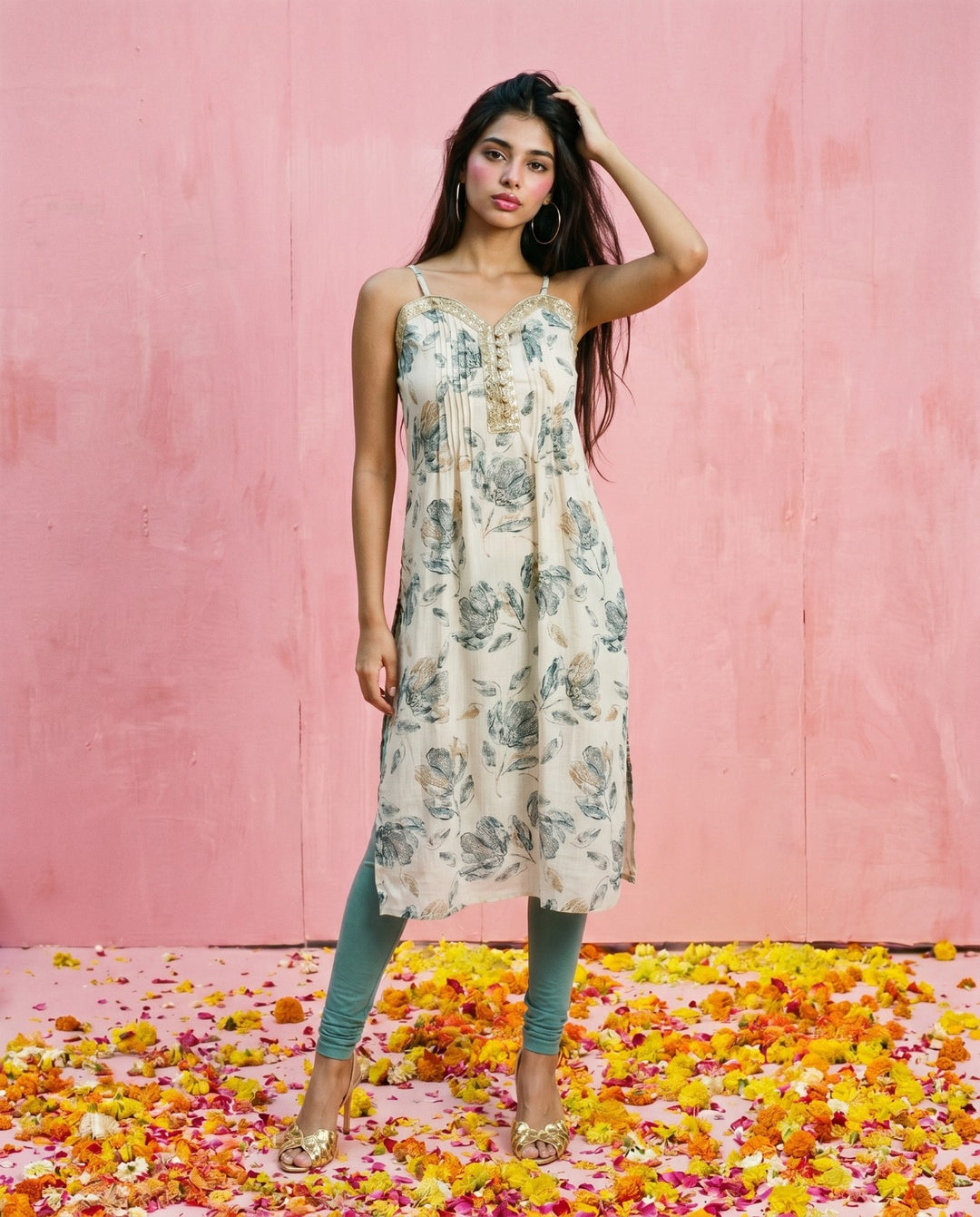 Blue Embroidered Viscose Blended Spaghetti Strap A-Line Cut Long Kurta