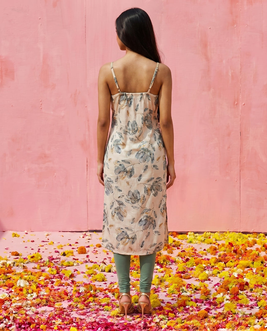 Blue Embroidered Viscose Blended Spaghetti Strap A-Line Cut Long Kurta