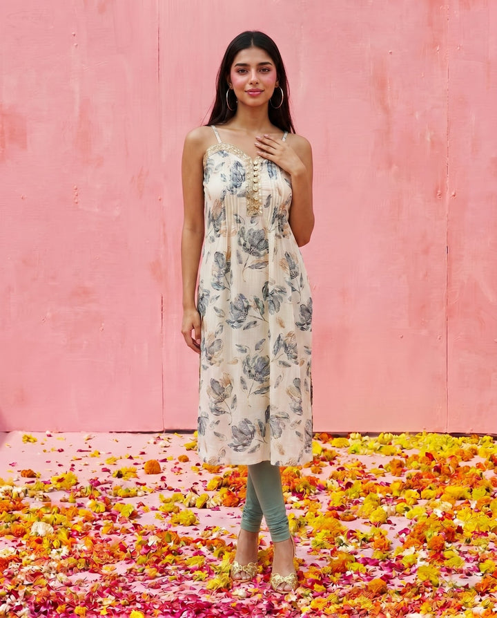 Blue Embroidered Viscose Blended Spaghetti Strap A-Line Cut Long Kurta