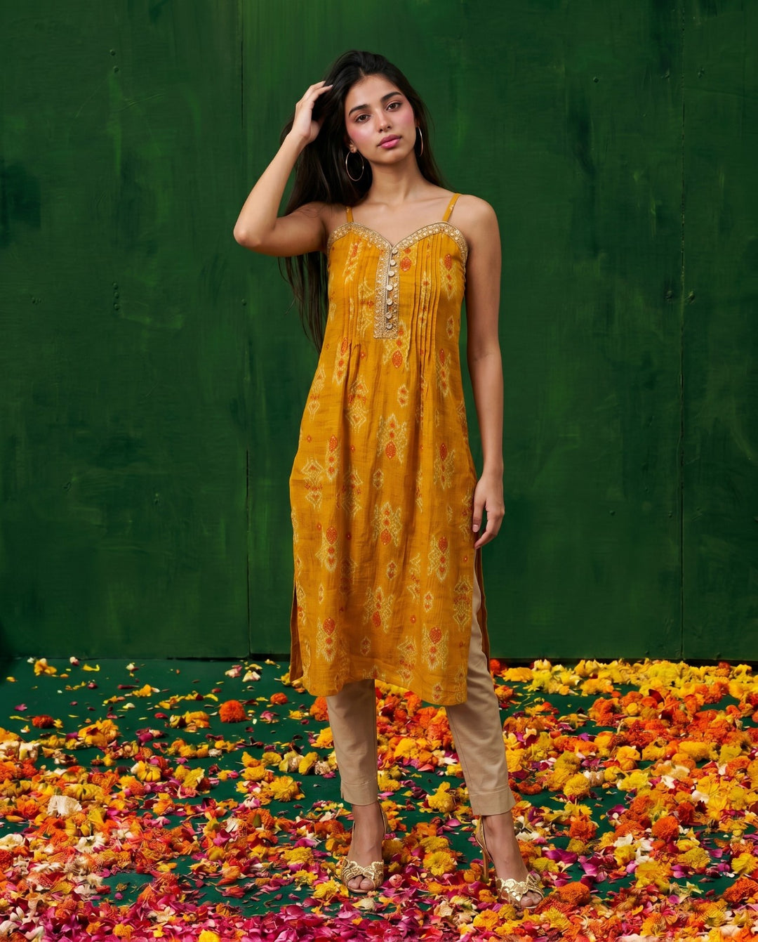 Mustard Embroidered Viscose Blended Spaghetti Strap A-Line Cut Long Kurta