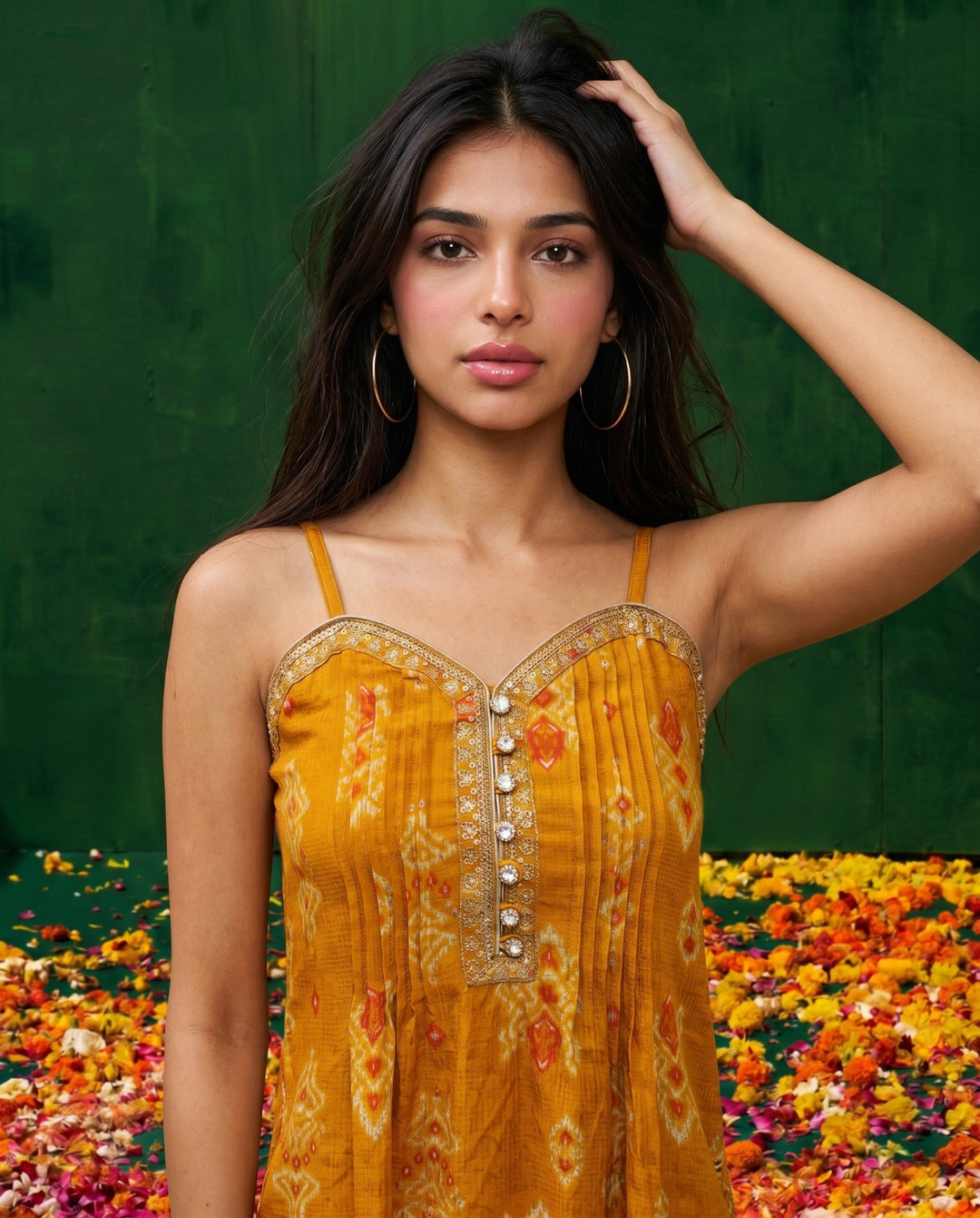 Mustard Embroidered Viscose Blended Spaghetti Strap A-Line Cut Long Kurta