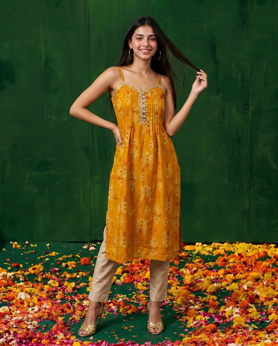 Mustard Embroidered Viscose Blended Spaghetti Strap A-Line Cut Long Kurta