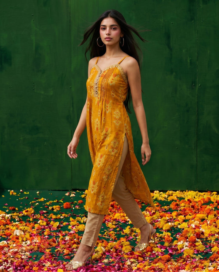 Mustard Embroidered Viscose Blended Spaghetti Strap A-Line Cut Long Kurta