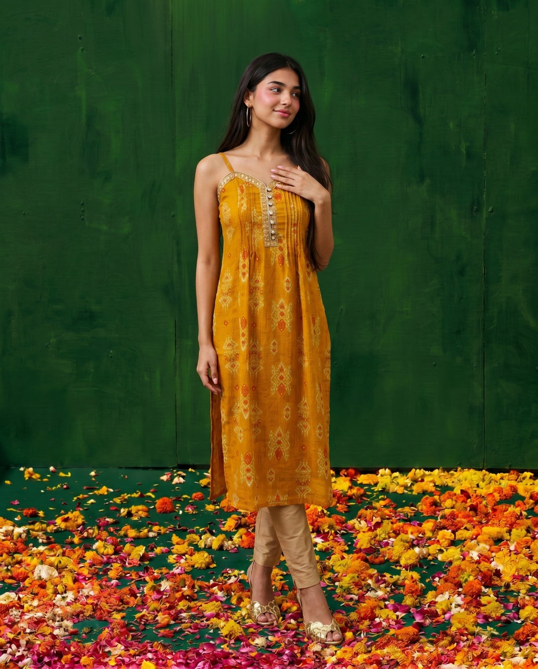 Mustard Embroidered Viscose Blended Spaghetti Strap A-Line Cut Long Kurta
