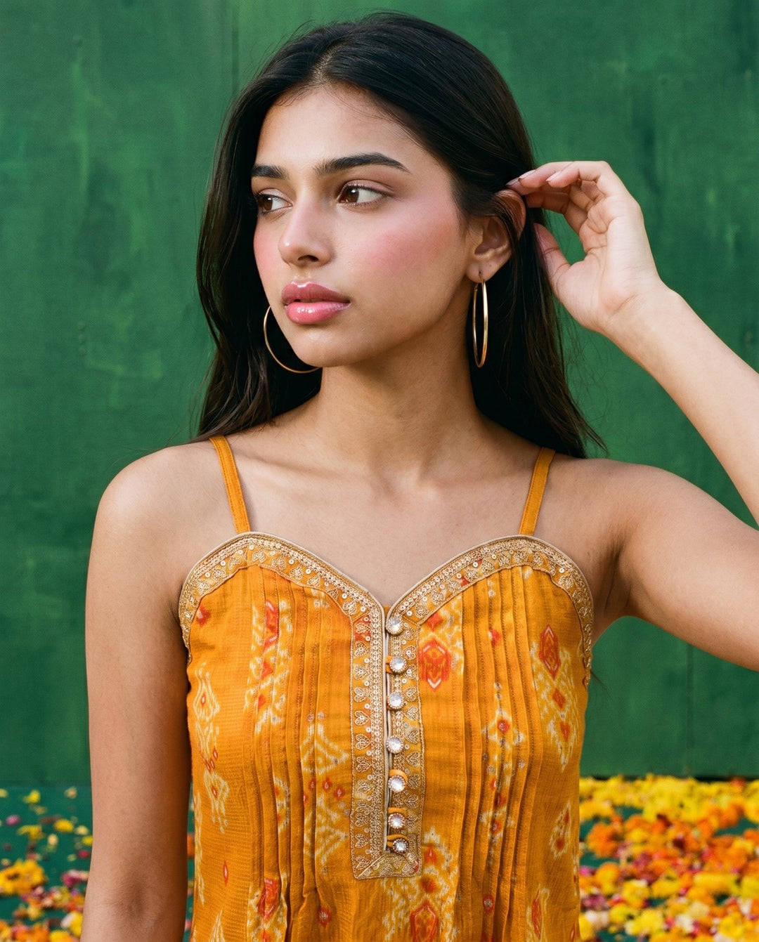 Mustard Embroidered Viscose Blended Spaghetti Strap A-Line Cut Long Kurta