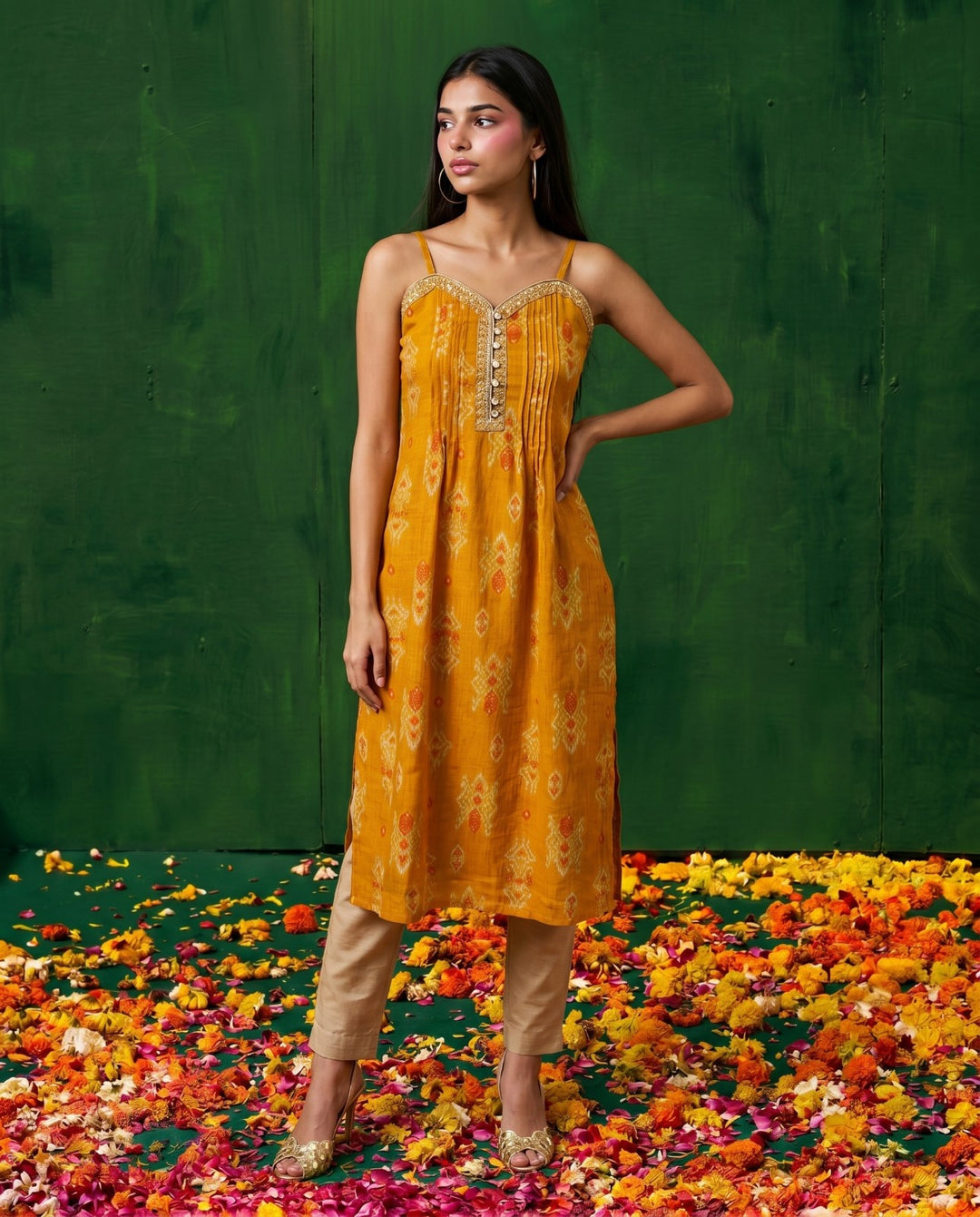 Mustard Embroidered Viscose Blended Spaghetti Strap A-Line Cut Long Kurta
