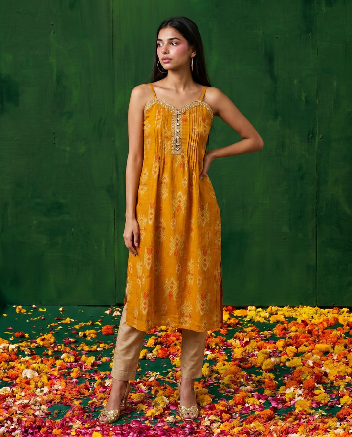 Mustard Embroidered Viscose Blended Spaghetti Strap A-Line Cut Long Kurta