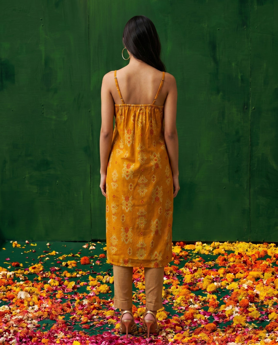 Mustard Embroidered Viscose Blended Spaghetti Strap A-Line Cut Long Kurta