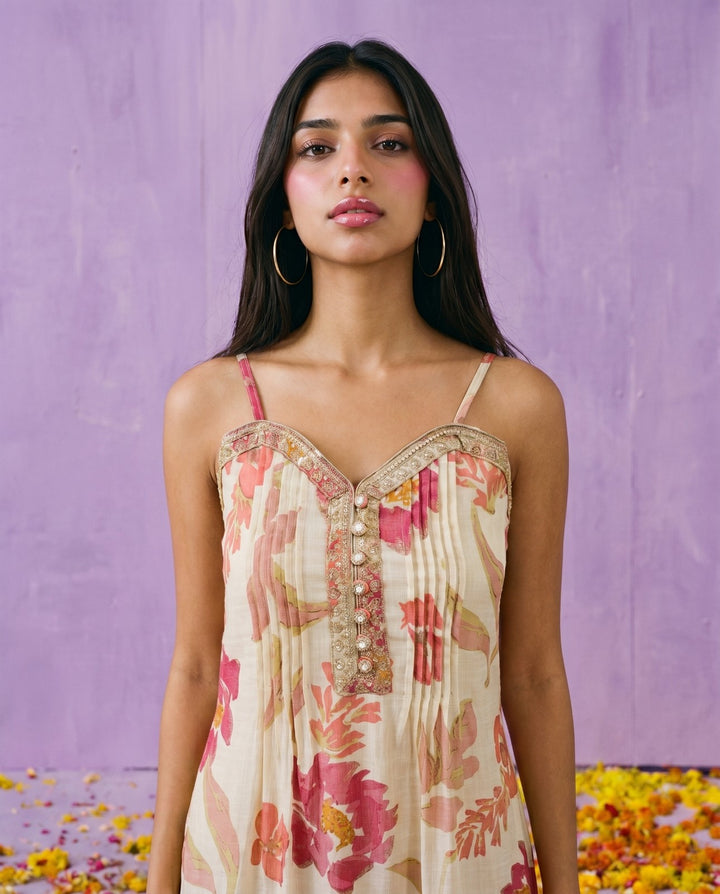 Pink Embroidered Viscose Blended Spaghetti Strap A-Line Cut Long Kurta