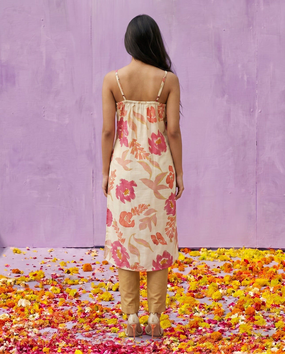 Pink Embroidered Viscose Blended Spaghetti Strap A-Line Cut Long Kurta