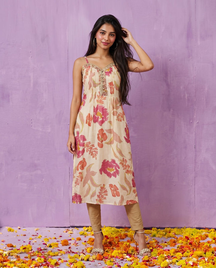 Pink Embroidered Viscose Blended Spaghetti Strap A-Line Cut Long Kurta