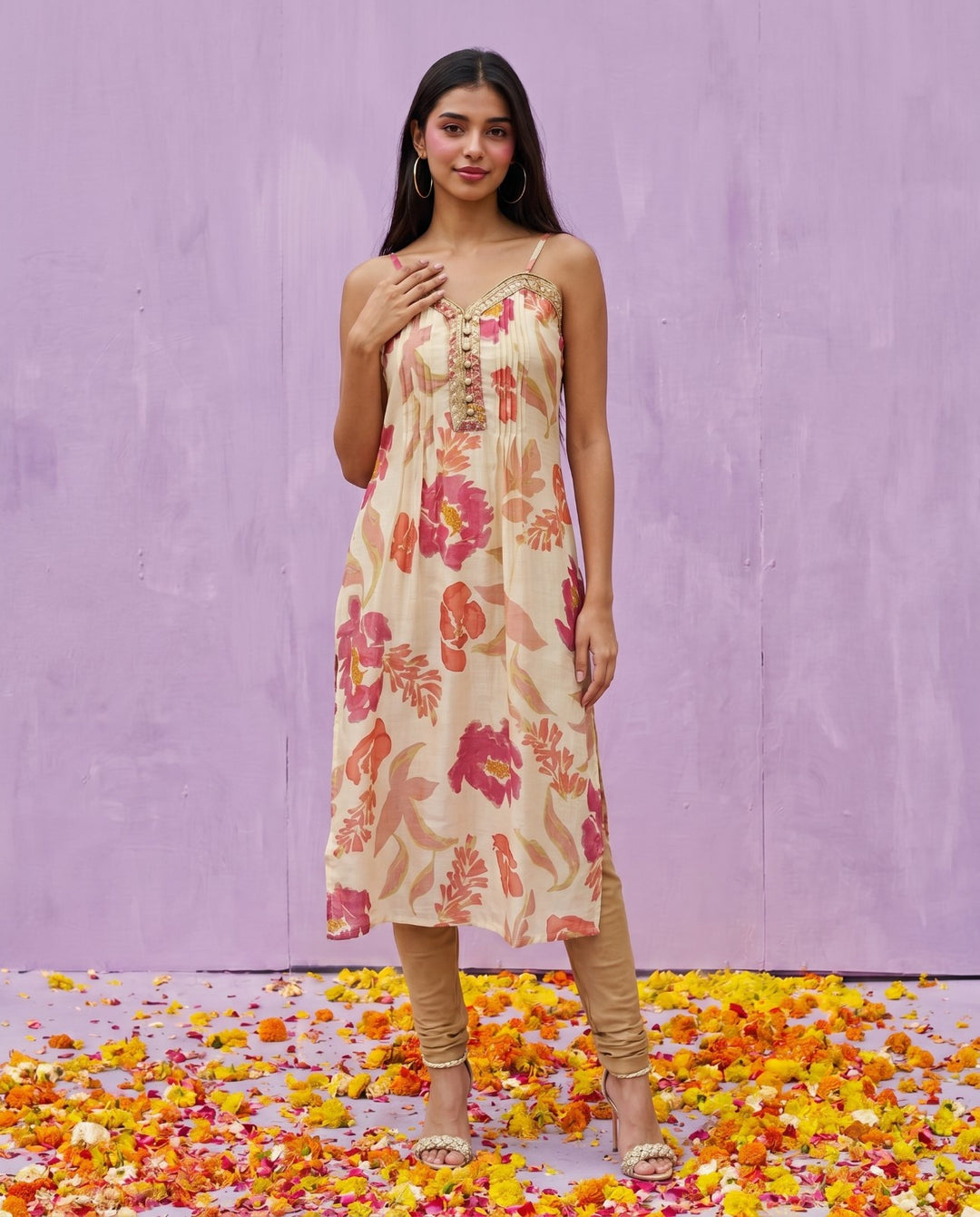 Pink Embroidered Viscose Blended Spaghetti Strap A-Line Cut Long Kurta