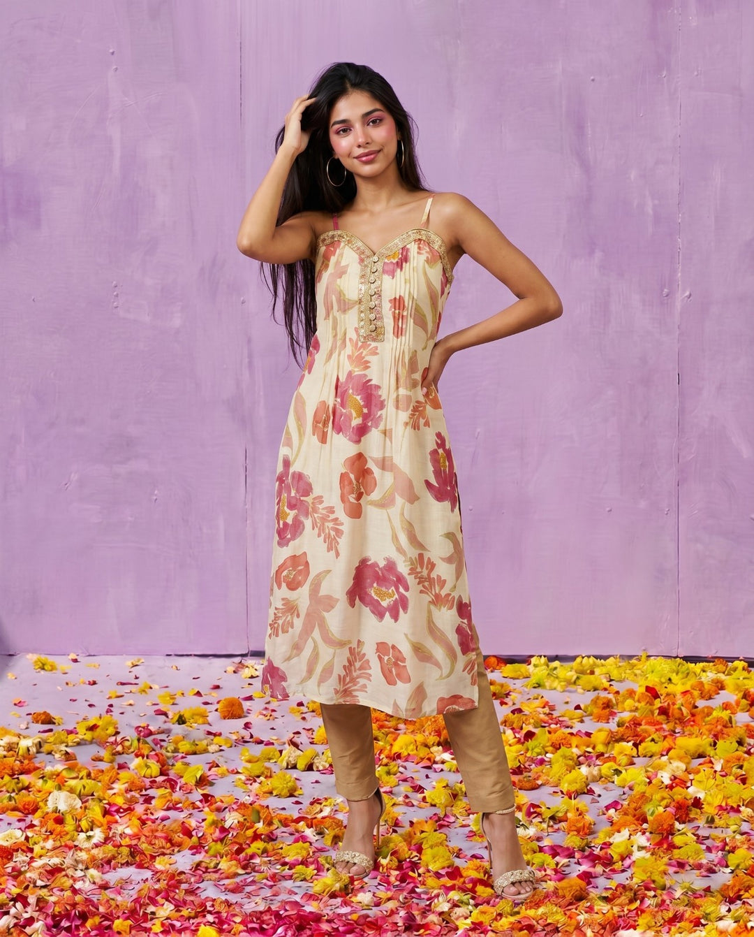 Pink Embroidered Viscose Blended Spaghetti Strap A-Line Cut Long Kurta