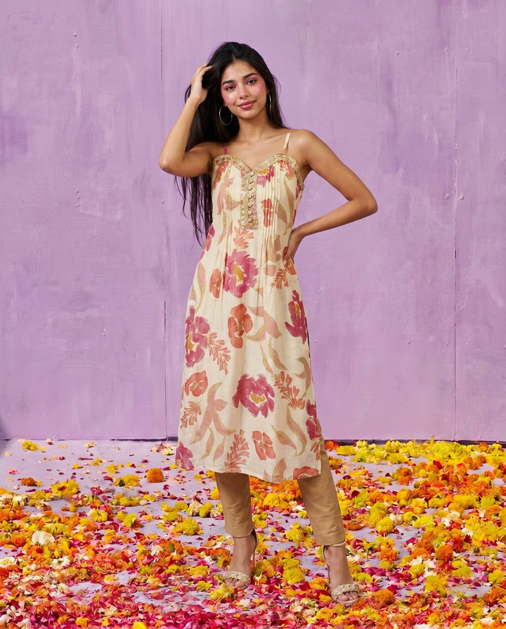Pink Embroidered Viscose Blended Spaghetti Strap A-Line Cut Long Kurta