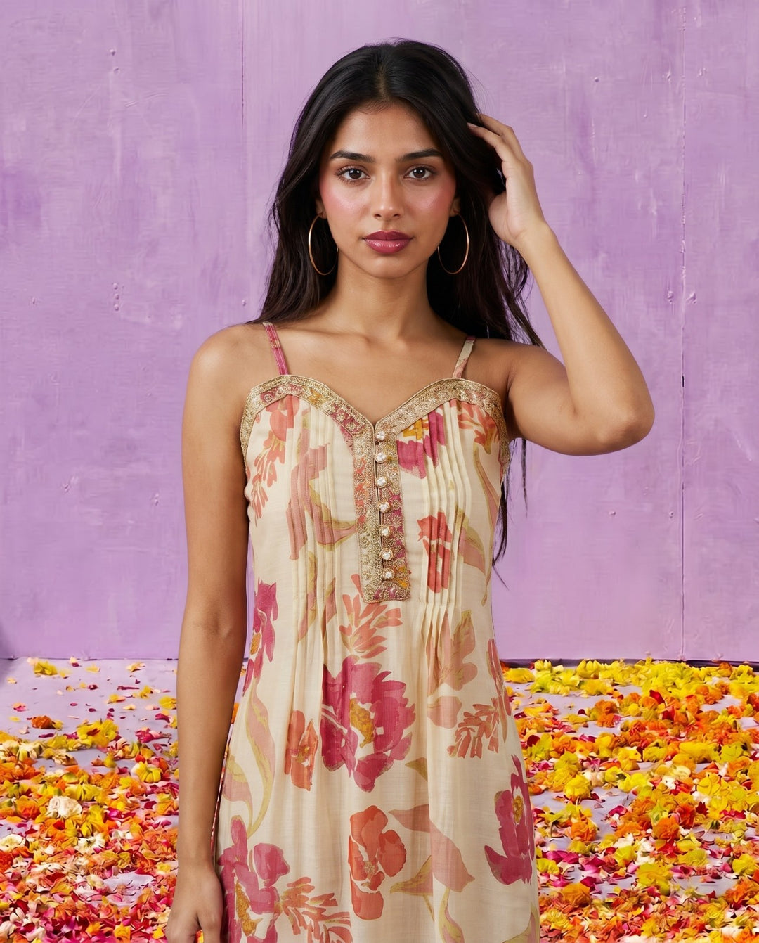 Pink Embroidered Viscose Blended Spaghetti Strap A-Line Cut Long Kurta