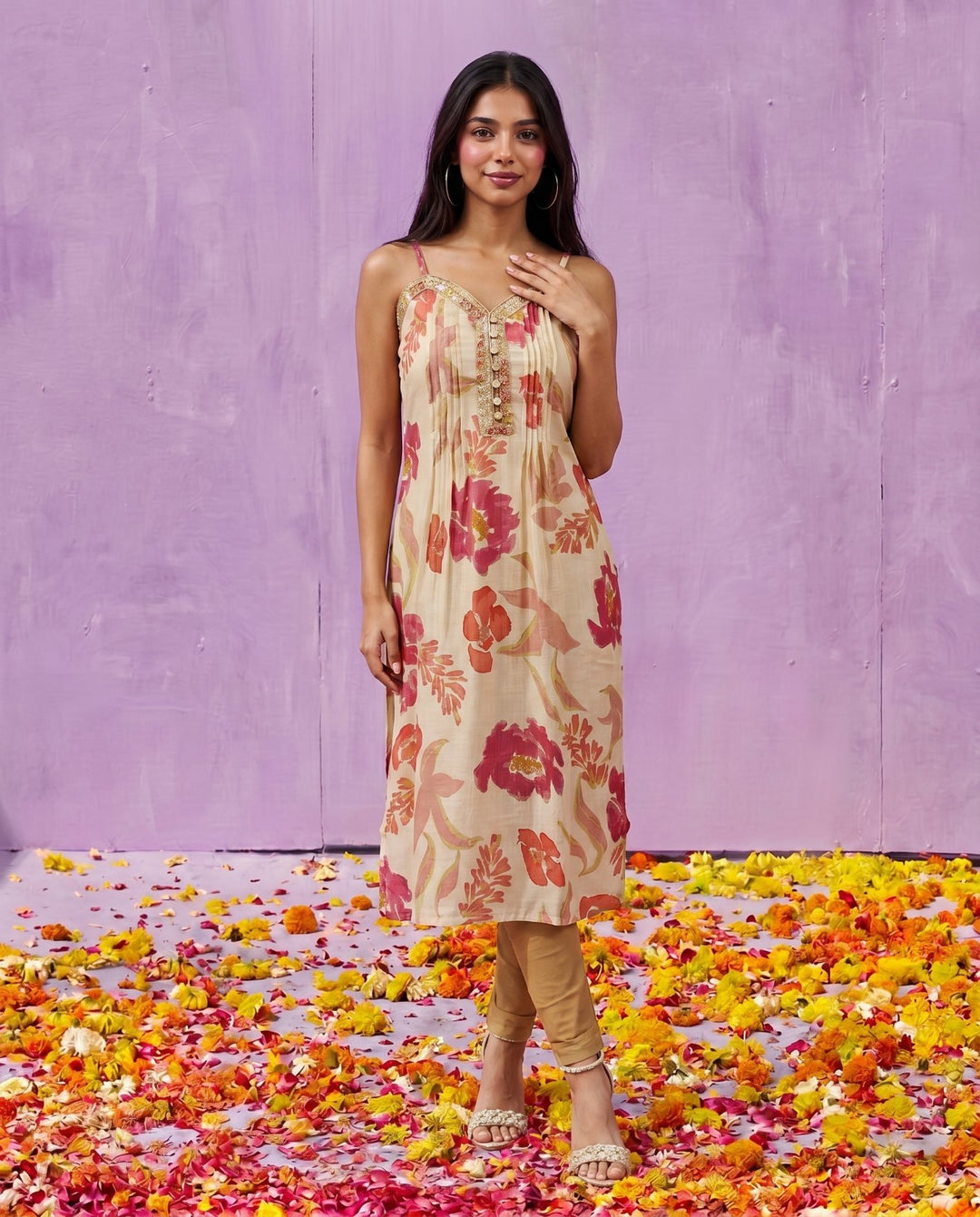 Pink Embroidered Viscose Blended Spaghetti Strap A-Line Cut Long Kurta