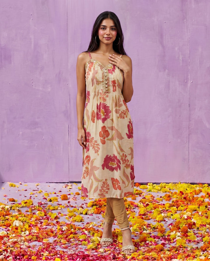 Pink Embroidered Viscose Blended Spaghetti Strap A-Line Cut Long Kurta