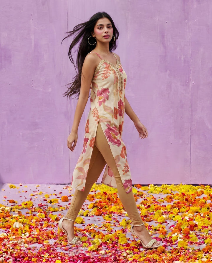 Pink Embroidered Viscose Blended Spaghetti Strap A-Line Cut Long Kurta