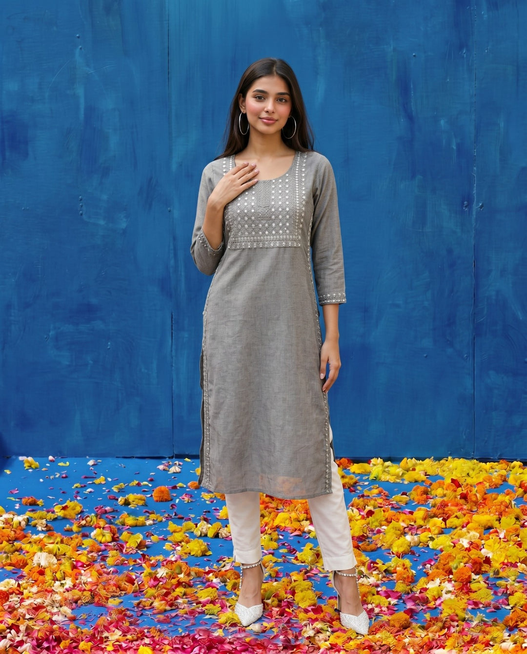 Grey Embroidered Viscose Blended Straight cut Long Kurta