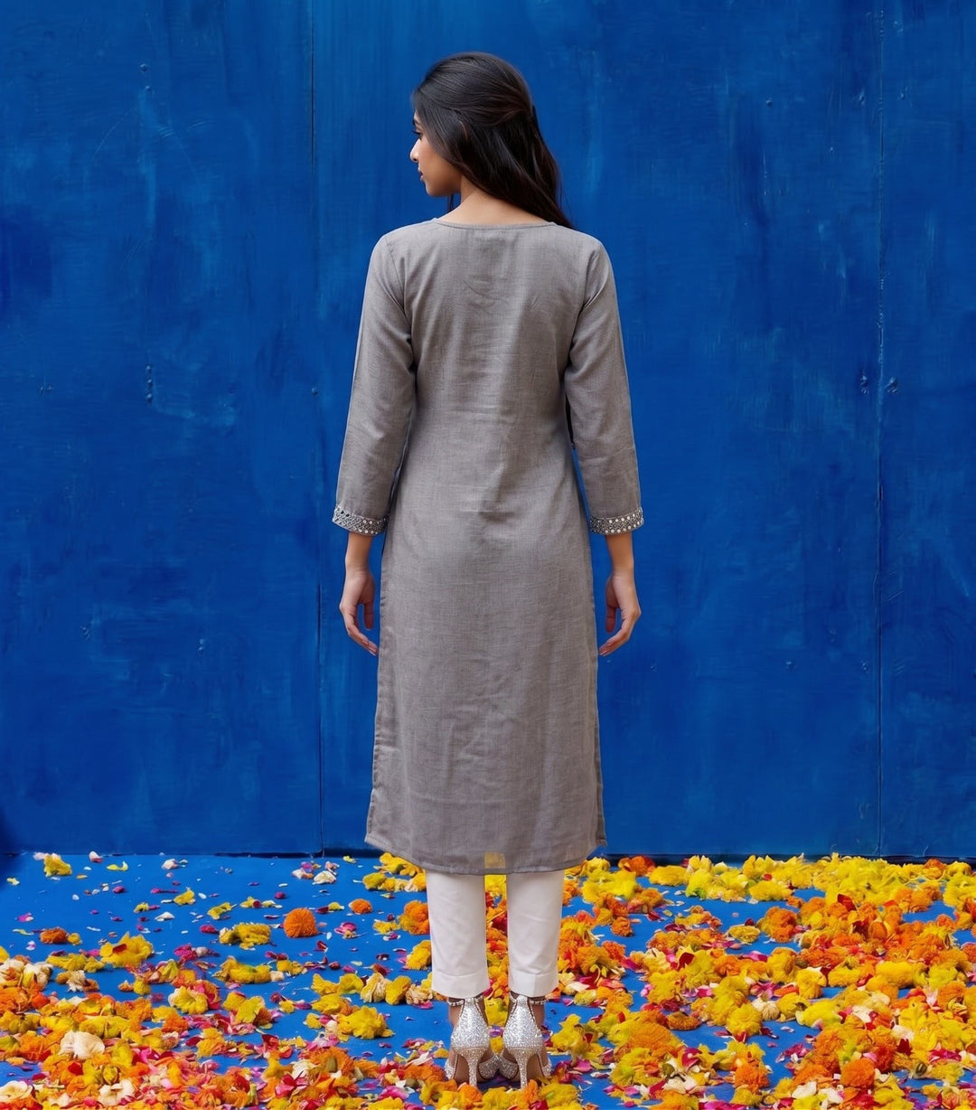 Grey Embroidered Viscose Blended Straight cut Long Kurta