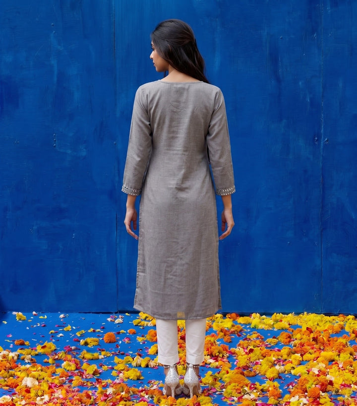Grey Embroidered Viscose Blended Straight cut Long Kurta
