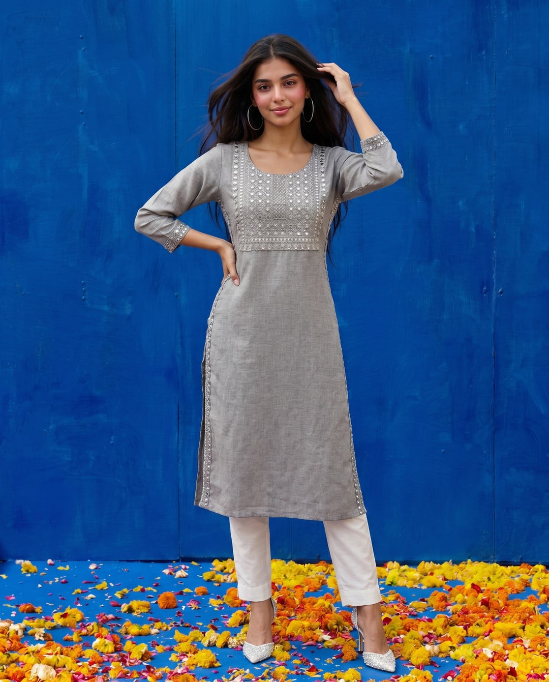 Grey Embroidered Viscose Blended Straight cut Long Kurta