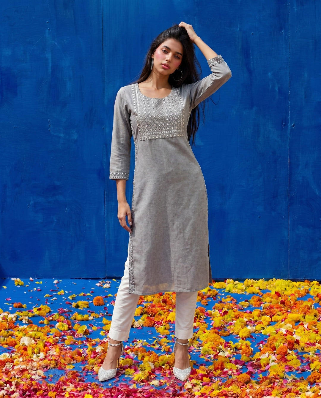 Grey Embroidered Viscose Blended Straight cut Long Kurta