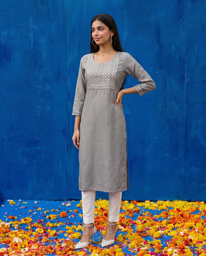 Grey Embroidered Viscose Blended Straight cut Long Kurta