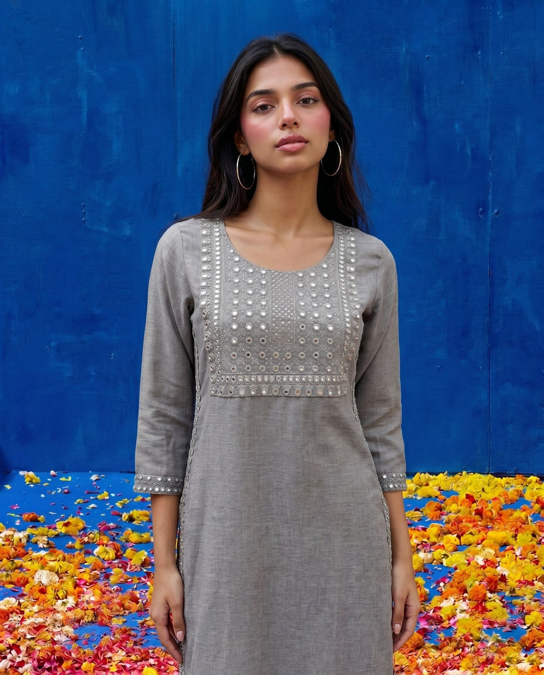 Grey Embroidered Viscose Blended Straight cut Long Kurta