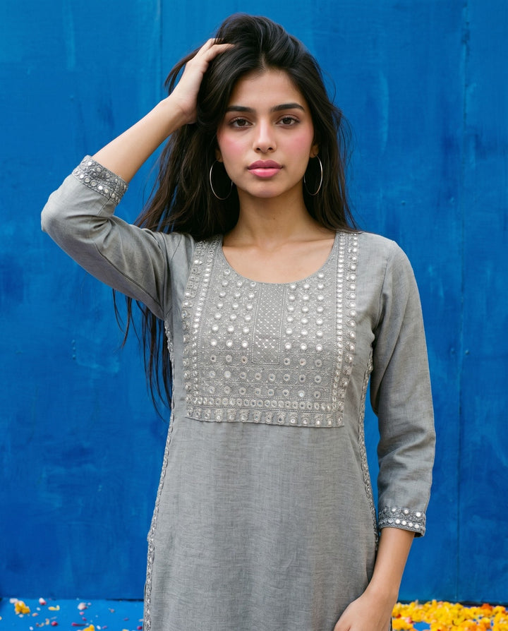 Grey Embroidered Viscose Blended Straight cut Long Kurta