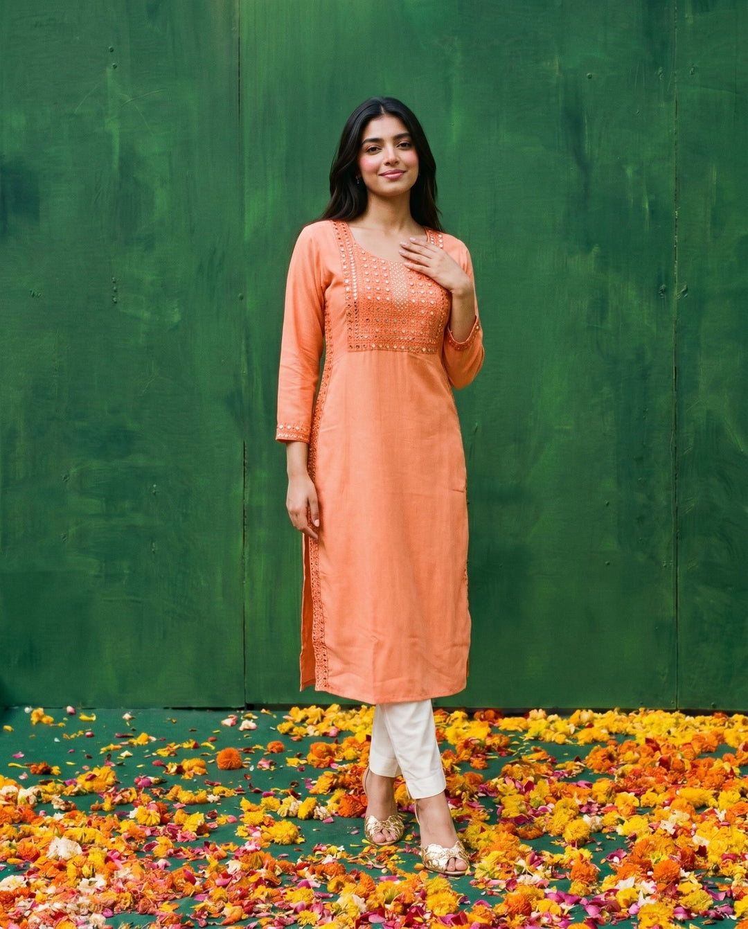 Orange Embroidered Viscose Blended Straight Cut Long Kurta