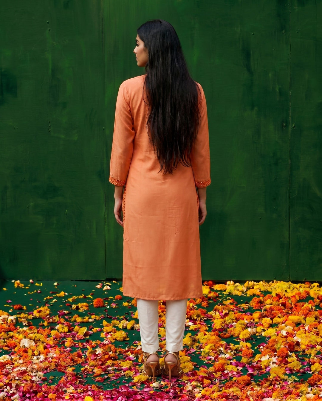 Orange Embroidered Viscose Blended Straight Cut Long Kurta