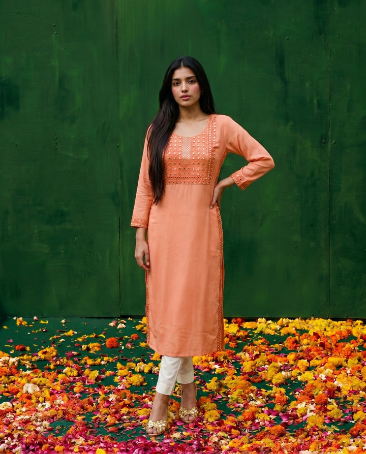 Orange Embroidered Viscose Blended Straight Cut Long Kurta