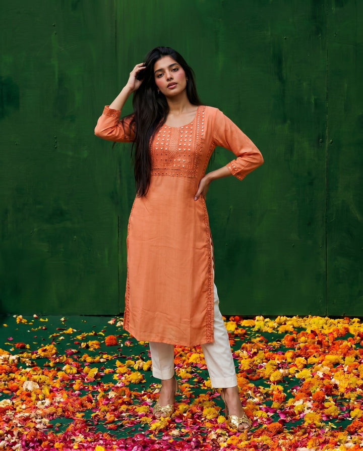 Orange Embroidered Viscose Blended Straight Cut Long Kurta