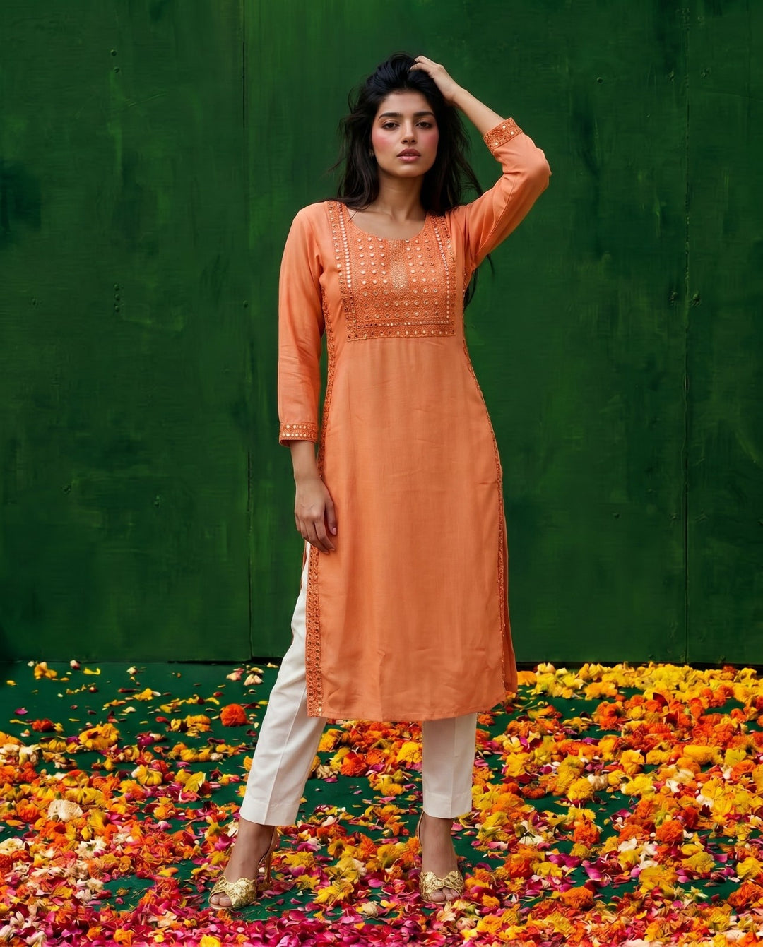 Orange Embroidered Viscose Blended Straight Cut Long Kurta