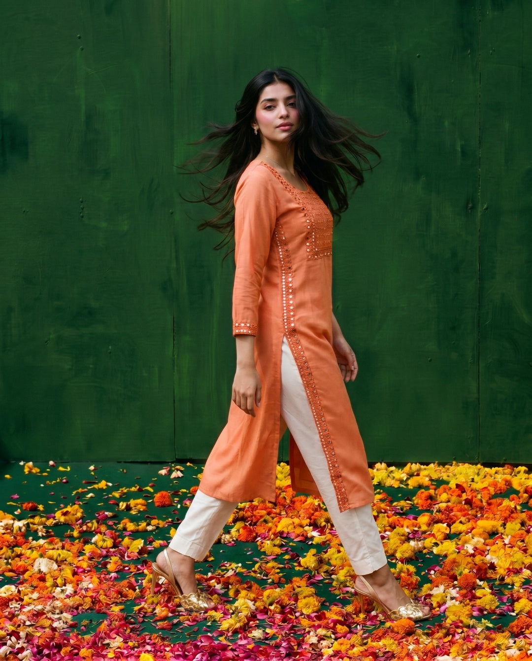 Orange Embroidered Viscose Blended Straight Cut Long Kurta