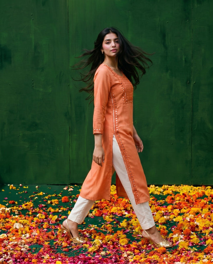 Orange Embroidered Viscose Blended Straight Cut Long Kurta
