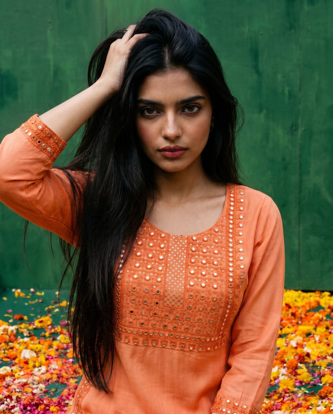 Orange Embroidered Viscose Blended Straight Cut Long Kurta
