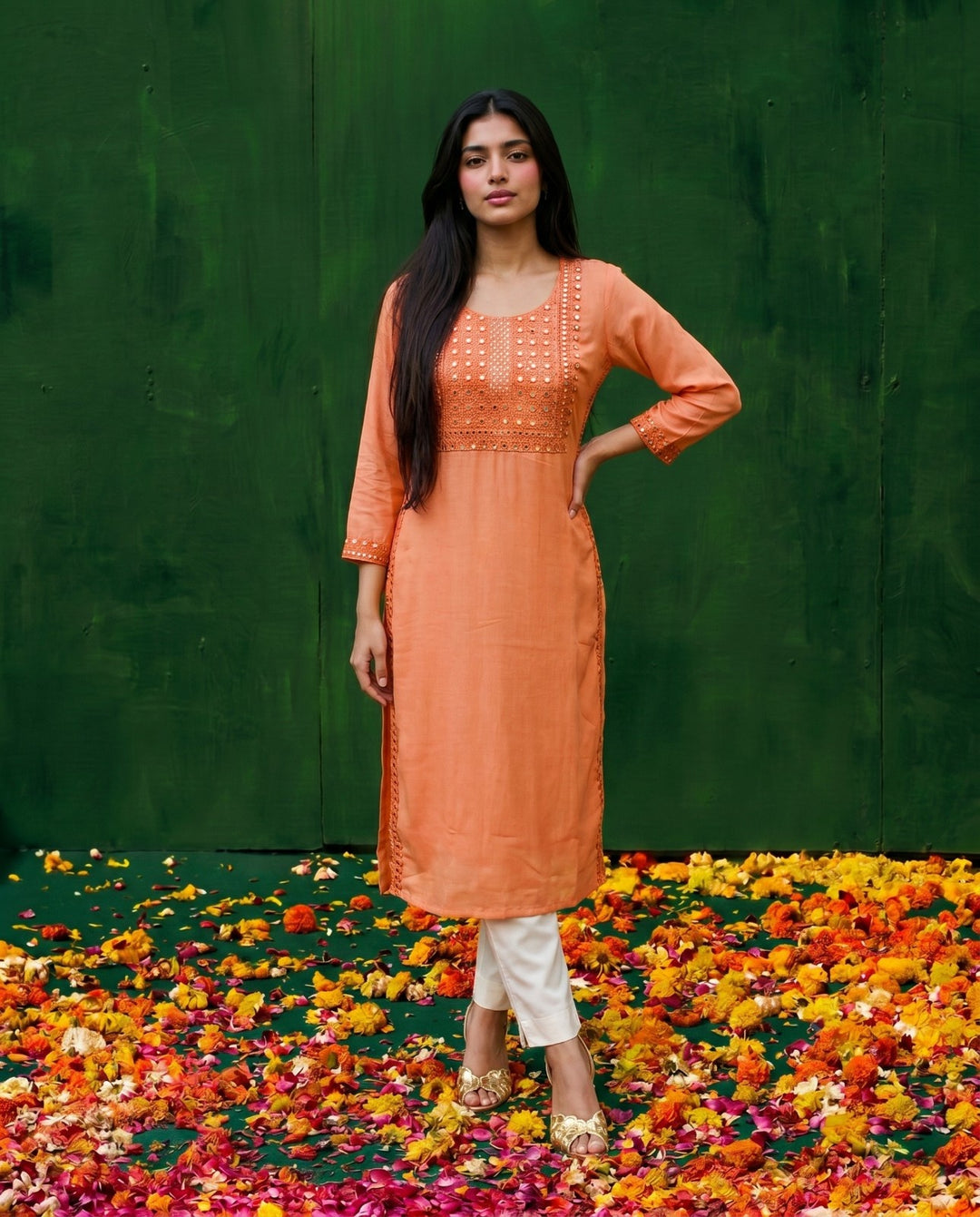 Orange Embroidered Viscose Blended Straight Cut Long Kurta