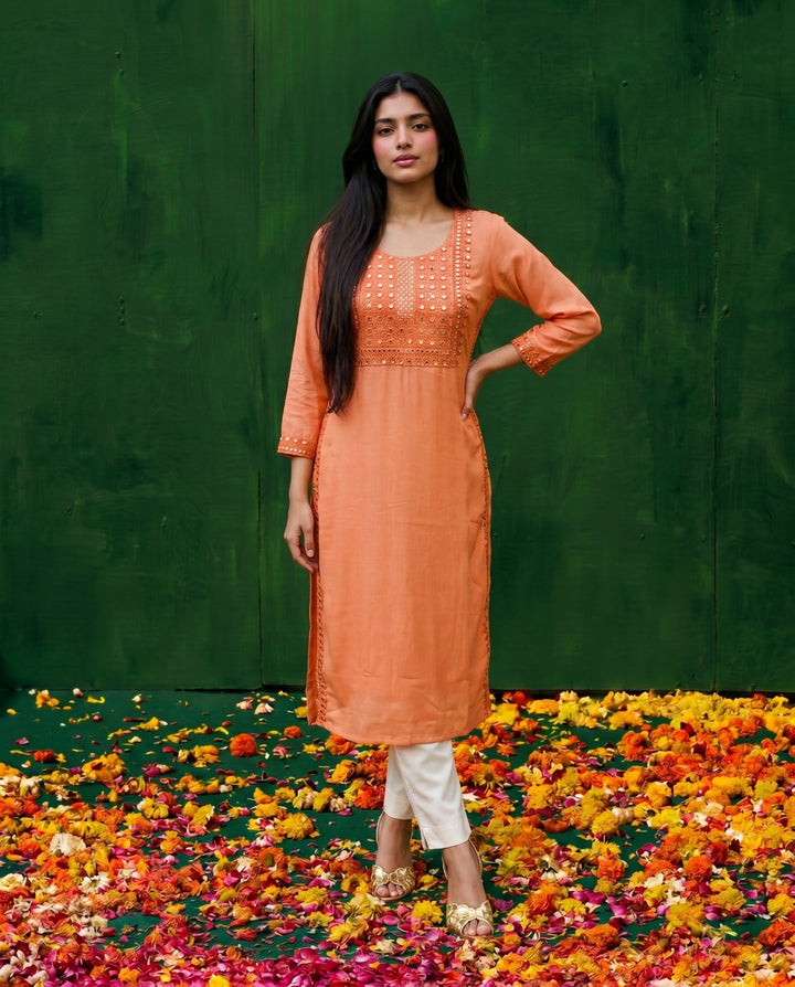 Orange Embroidered Viscose Blended Straight Cut Long Kurta
