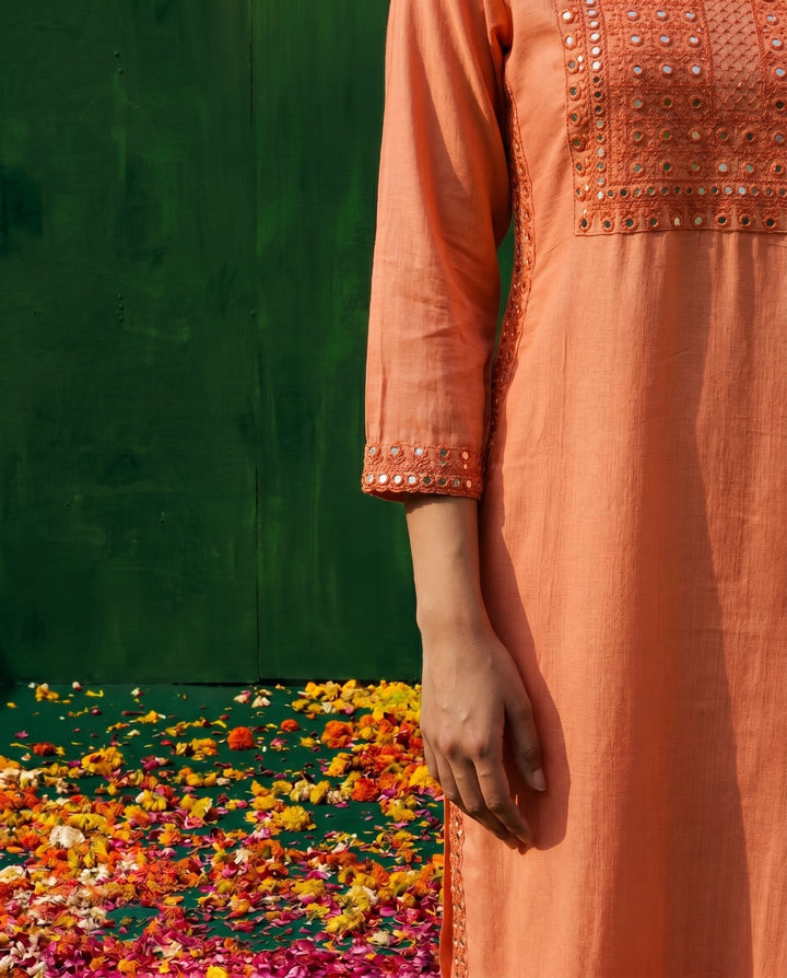 Orange Embroidered Viscose Blended Straight Cut Long Kurta