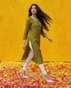 Olive Embroidered Viscose Blended Straight Cut Long Kurta