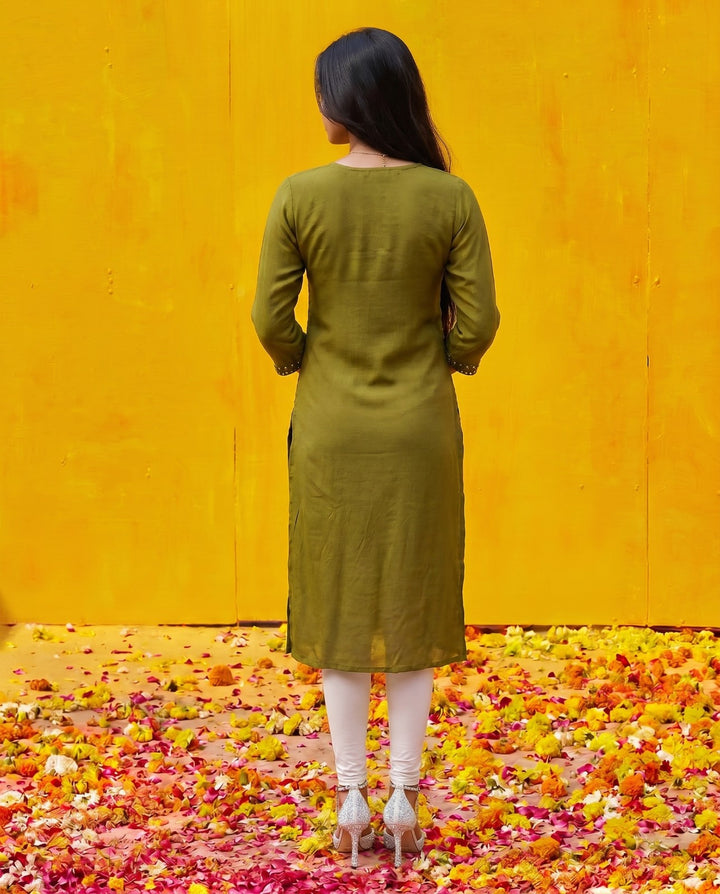 Olive Embroidered Viscose Blended Straight Cut Long Kurta