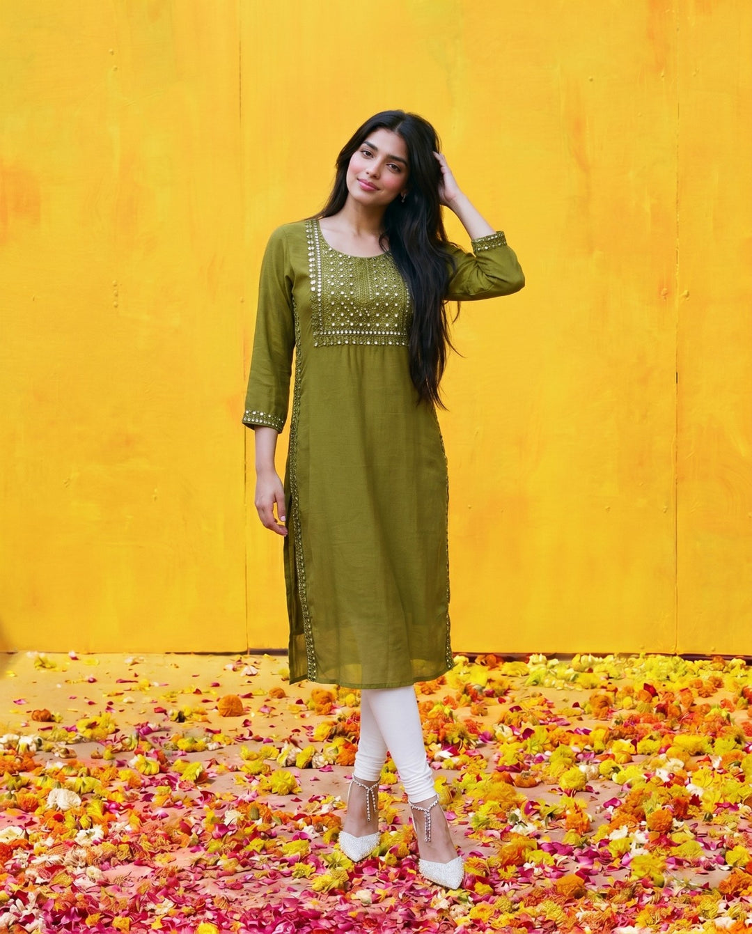 Olive Embroidered Viscose Blended Straight Cut Long Kurta