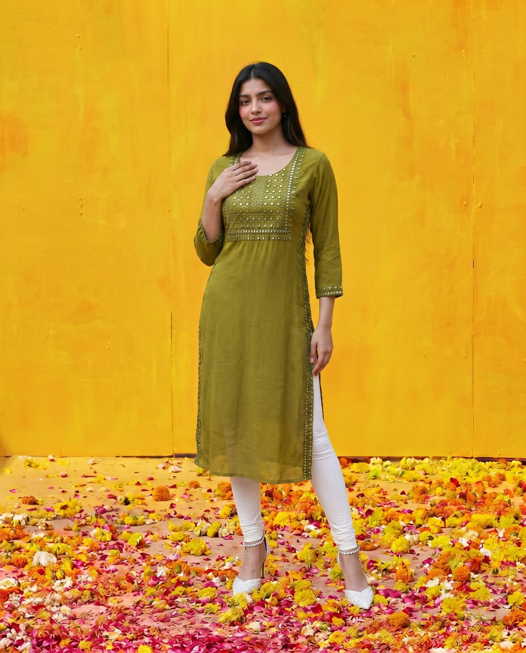 Olive Embroidered Viscose Blended Straight Cut Long Kurta