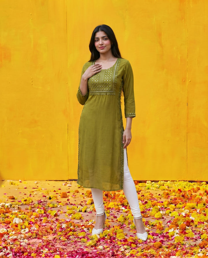 Olive Embroidered Viscose Blended Straight Cut Long Kurta