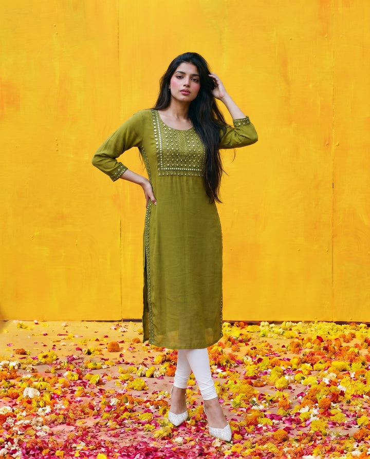 Olive Embroidered Viscose Blended Straight Cut Long Kurta
